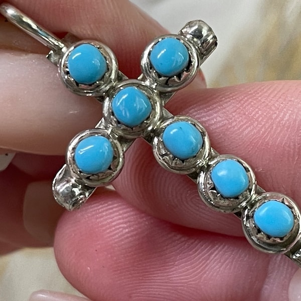 ZUNI Native American Sterling Silver and Turquoise Cross Pendant with 7 Turquoise Stones  Beautiful Authentic Handmade Cross Pendant!