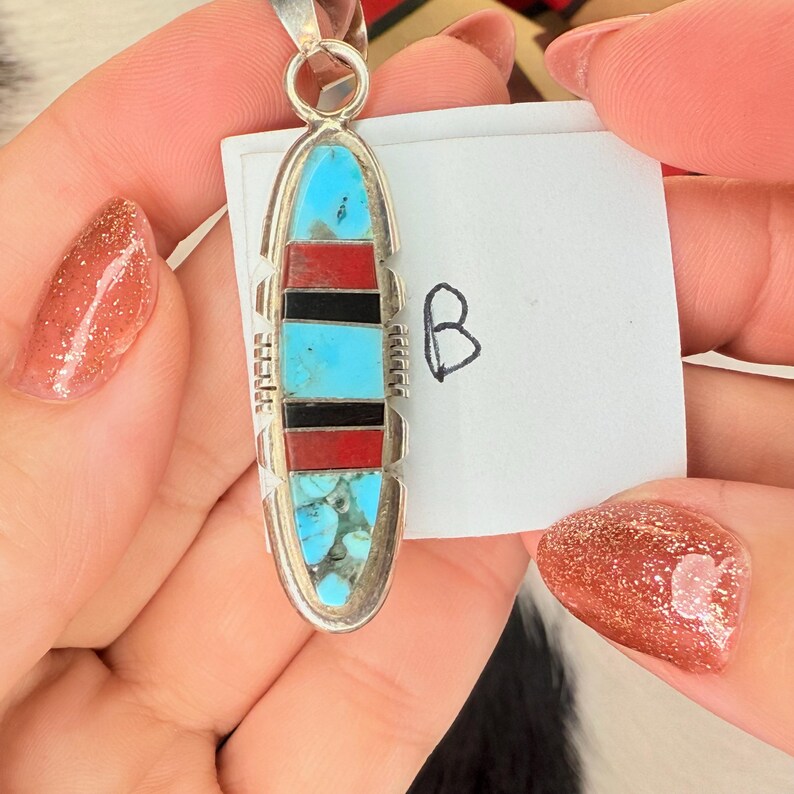 Handmade NAVAJO KINGMAN Turquoise Coral Onyx Pendant in Sterling Silver ...