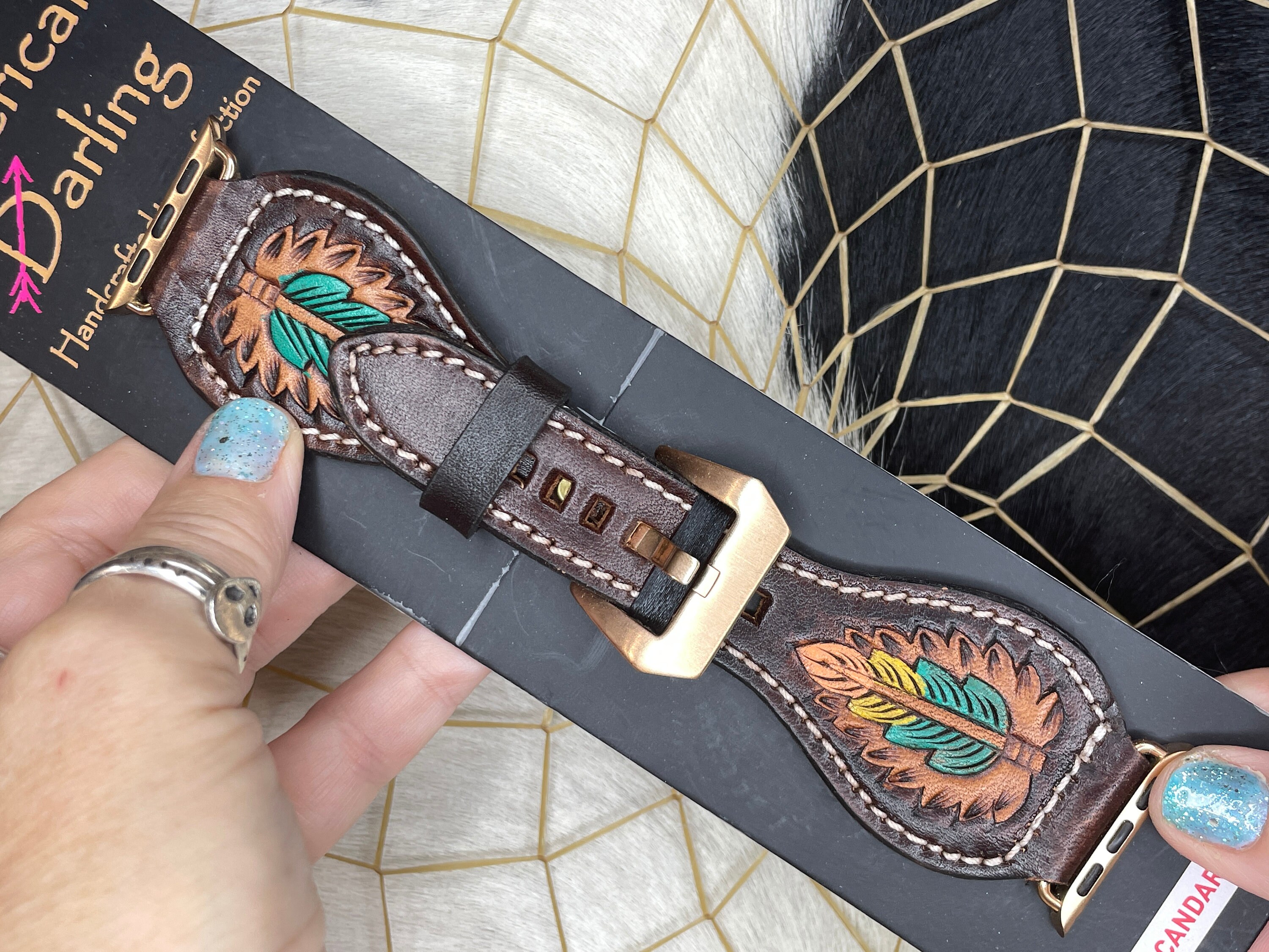 NEW AMERICAN DARLING women\'s apple watch strap in brown Dark Brown Leather Apple Watch Band: Double Strap With Rose  main image 3
