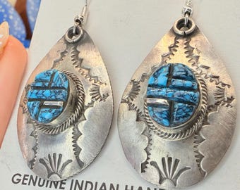 Navajo Kingman Turquoise Earrings | Sterling Silver Cobblestone Handmade Native American Jewelry