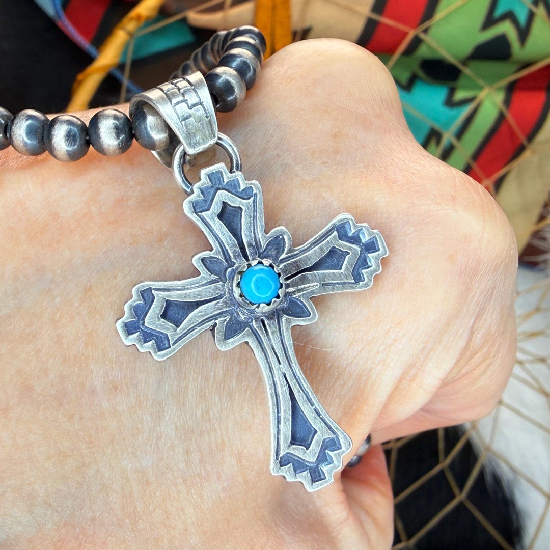 Navajo KINGMAN Turquoise CROSS Pendant Sterling Silver - Handmade ...