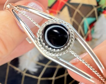 Black Onyx Bracelet in Sterling Silver | Dainty Handmade Navajo Native American Cuff