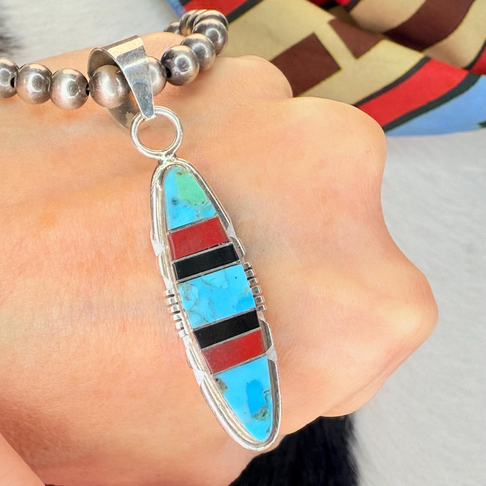 Handmade NAVAJO KINGMAN Turquoise Coral Onyx Pendant in Sterling Silver ...