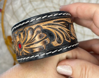 American Darling Hand Painted and Carved LEATHER Cuff Bracelet Western Carving Black Paint Red Accent!   Adjustable Snap Closure!
