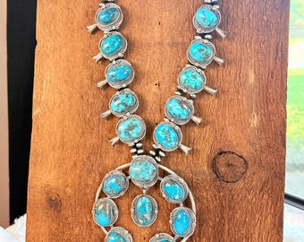 Huge Navajo Kingman Turquoise SQUASH BLOSSOM Necklace - Sterling Silver Native American Handmade