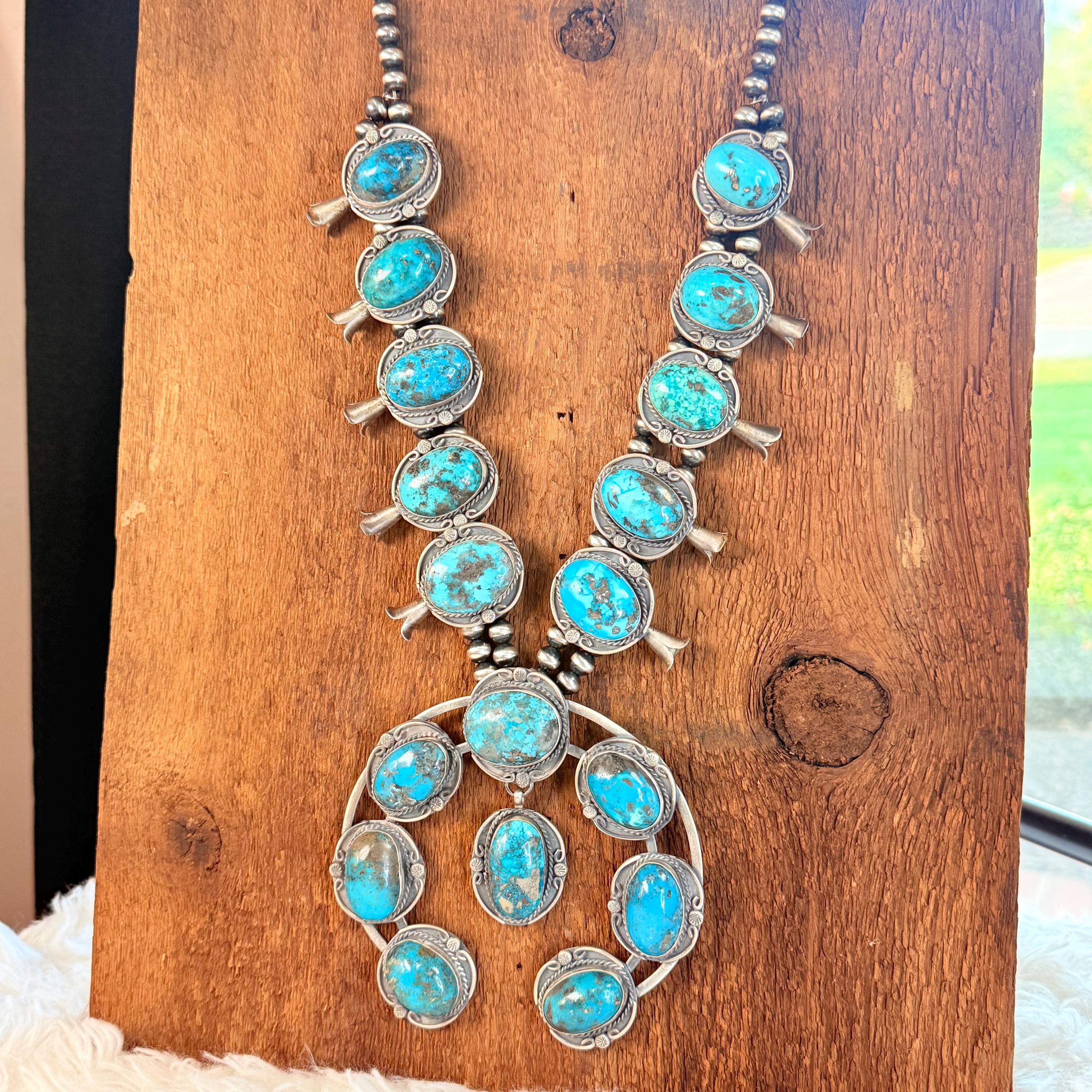 Huge Navajo Kingman Turquoise SQUASH BLOSSOM Necklace - Sterling