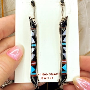 Native American Turquoise Multi-Stone Earrings in Sterling Silver: Handmade by Zuni Artisan