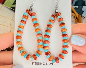 Spiny Oyster Kingman Turquoise Heishi Earrings - Sterling Silver Hand-Strung NOT Native American