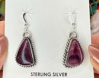 Purple SPINY OYSTER Dangle Earrings in Sterling Silver | Authentic Navajo Handmade Native American Jewelry
