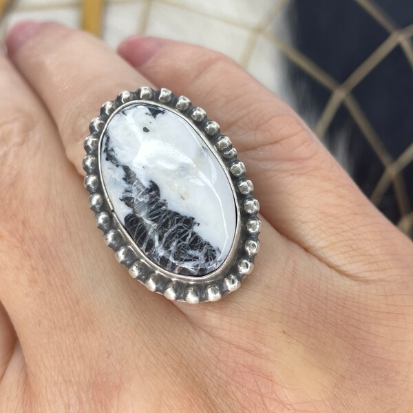 1/2 Price! NAVAJO Native American WHITE BUFFALO Sterling Silver Ring Size 5 3/4 Authentic One of a Kind Handmade White Buffalo Navajo Ring