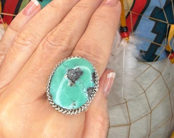 KINGMAN Turquoise Ring Size 9.5 | Sterling Silver Navajo Handmade Native American Jewelry