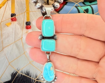 Kingman TURQUOISE Pendant in Sterling Silver - Navajo Handmade Multi-Stone Native American Jewelry