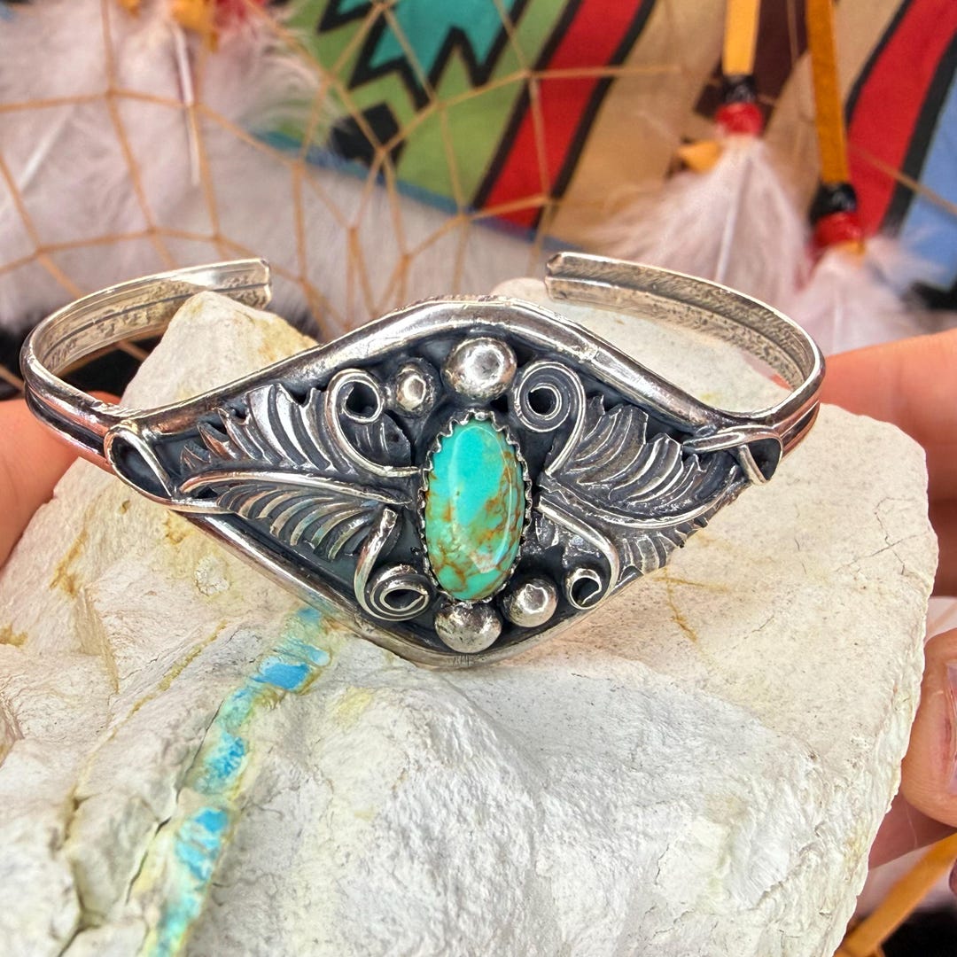 Navajo Kingman Turquoise Sterling Silver Bracelet - Handmade Native ...