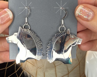 Navajo HORSE HEAD Dangle Earrings in Sterling Silver - Handmade Native American NFR Jewelry