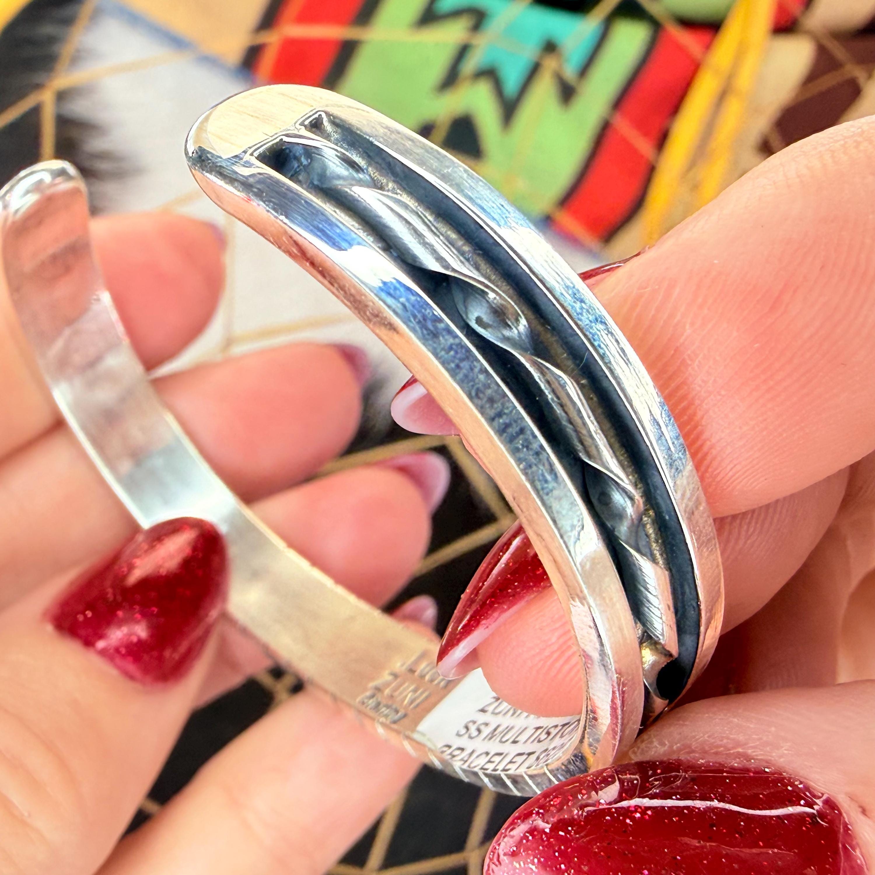 Zuni Turquoise Coral Inlay Sterling Silver Cuff Bracelet: Handmade