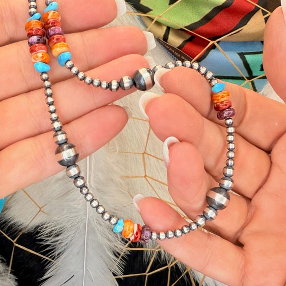 NAVAJO Pearl Sterling Silver Necklaces Turquoise Spiny Oyster Hand