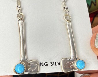 1/2 Price! Kingman Turquoise TOMAHAWK Sterling Silver Earrings | Navajo Handmade Native American Jewelry