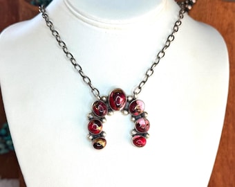NAVAJO Red Rose Dahlia NAJA Necklace 18.5” Sterling Silver Chain - Handmade Native American Pendant