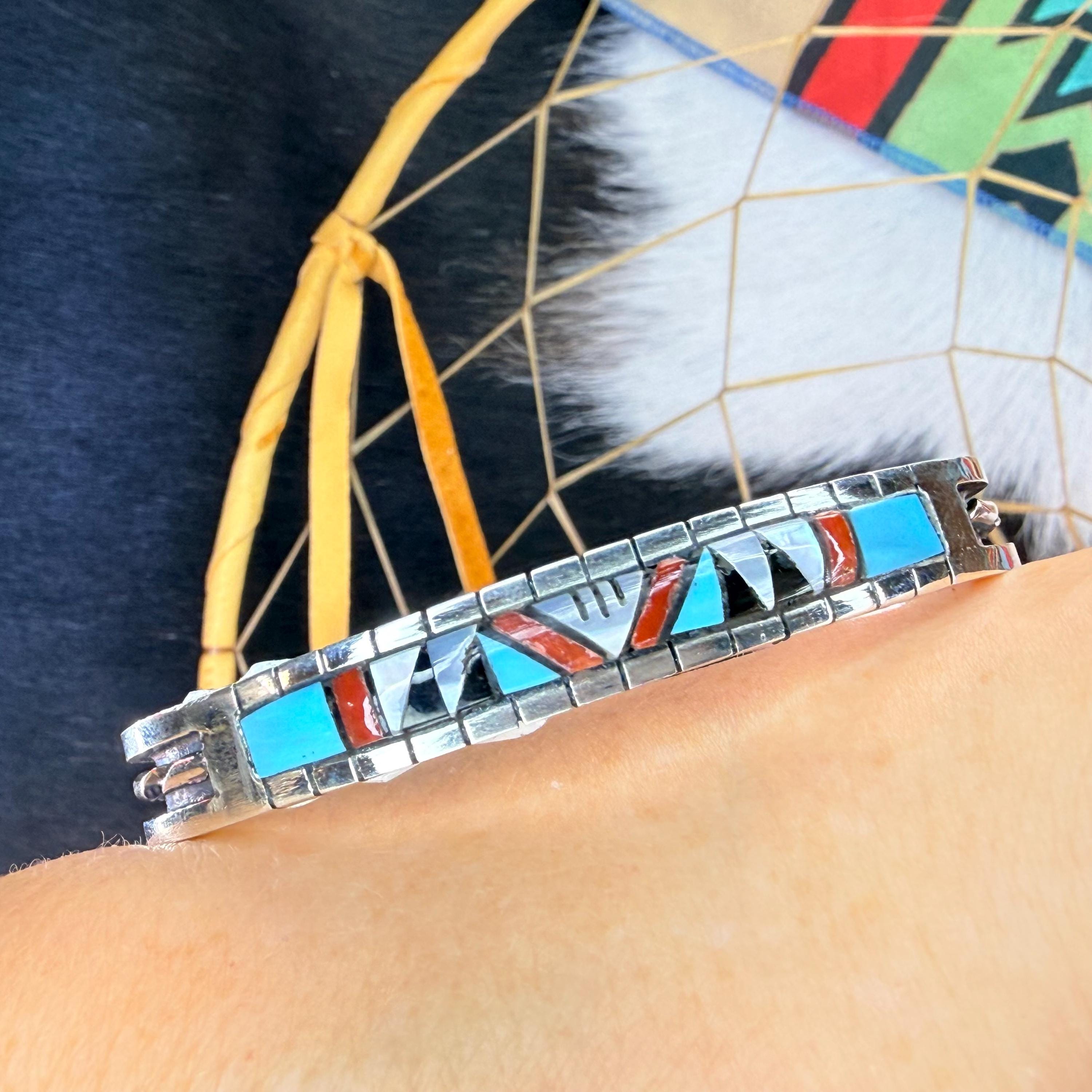 Handmade Zuni Turquoise Coral Inlay Bracelet Sterling Silver