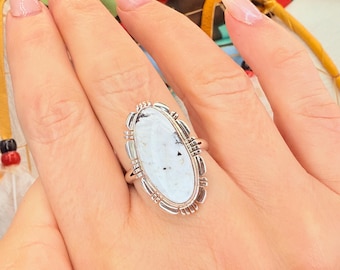 WHITE BUFFALO Sterling Silver Ring Size 8.5 - Navajo Handmade Native American Jewelry