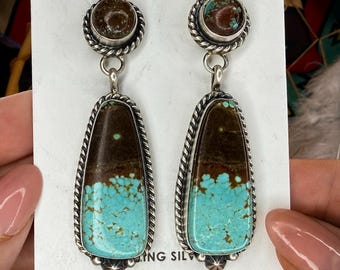 Number Eight #8 Turquoise Earrings in Sterling Silver - Post Dangles Navajo Handmade Native American Jewelry