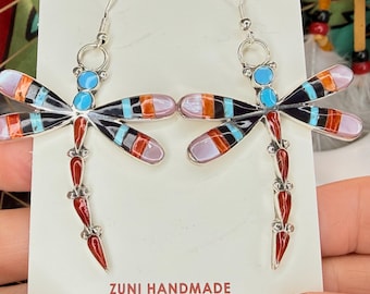 Zuni Dragonfly Earrings in Sterling Silver | Turquoise Coral Multi Stone Inlay Native American Handmade