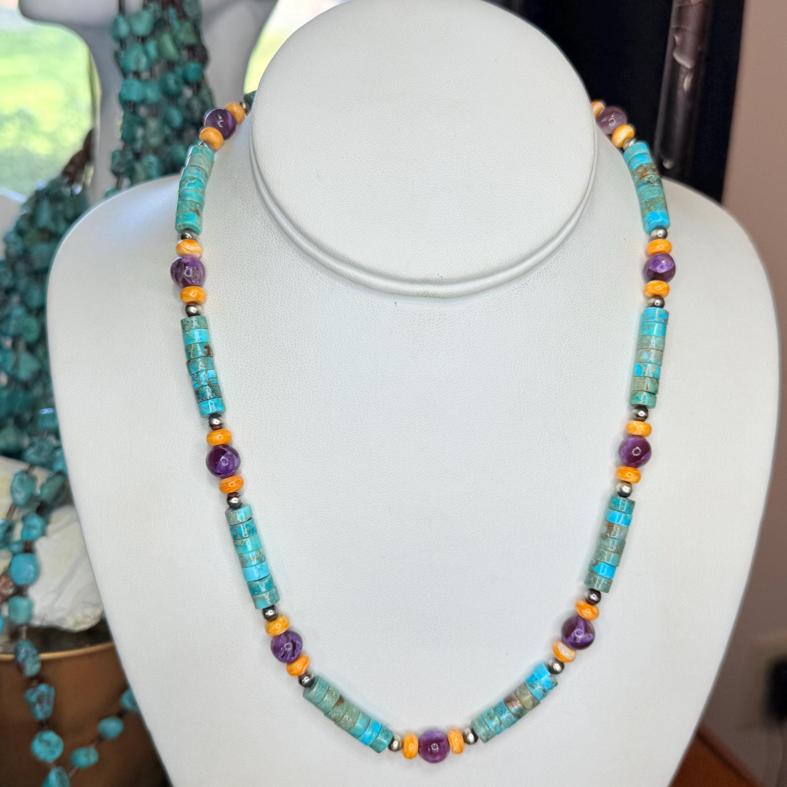 1/2 Price! Kingman Turquoise 6mm Heishi Bead 19” Necklace Sterling Silver Saucer Beads Multi Stones Spiny Oyster Charoite Turquoise Necklace