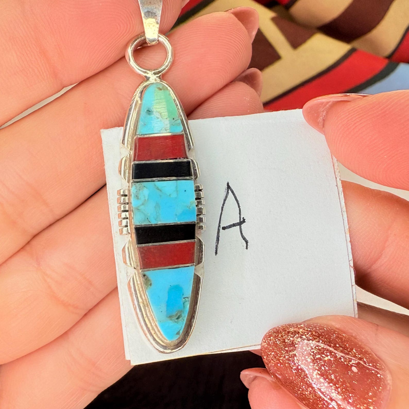 Handmade NAVAJO KINGMAN Turquoise Coral Onyx Pendant in Sterling Silver ...