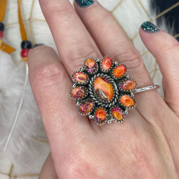 1/2 Price! Orange Spiny Oyster Dahlia Mohave Sterling Silver Adjustable Cluster Ring! Winddancer Collection Handmade NOT Native American!