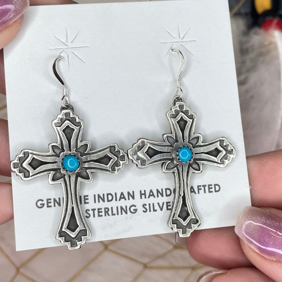 Detailed Native American Navajo Sterling Silver Cross Earrings Detailed Native American Navajo Sterling Silver Cross Earrings