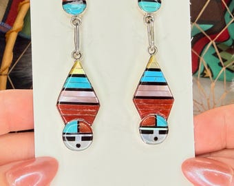 Don Dewa Zuni Coral Inlay Sun Face Earrings Sterling Silver Handmade Native American Jewelry