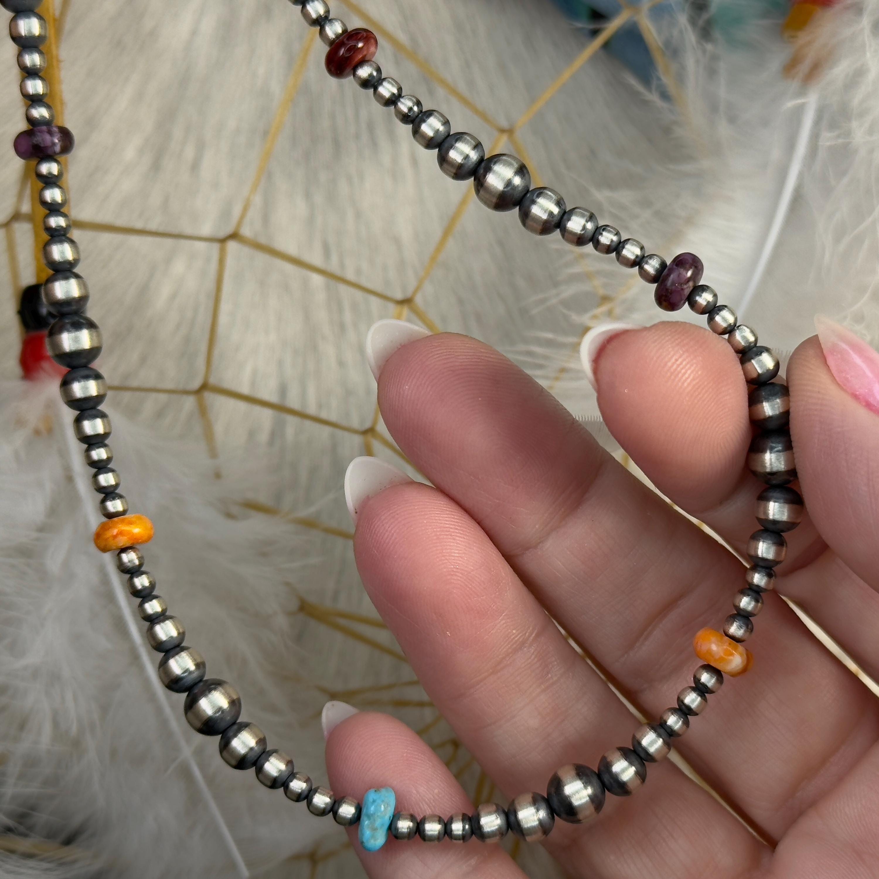 1/2 Price! NAVAJO Sterling Silver Pearl Necklace (Style 1) 3-6mm 22" Pearls Multi-Stones Turquoise Spiny Oyster Navajo Hand-Strung Necklace