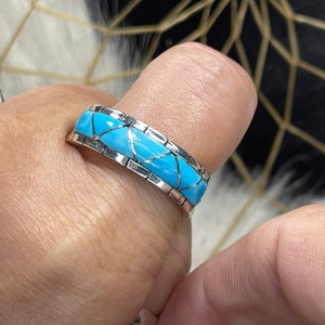 Handmade ZUNI Kingman Turquoise Band Ring Sterling Silver - Native ...