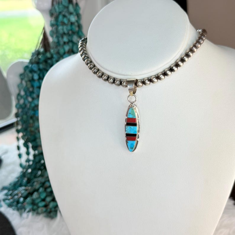 Handmade NAVAJO KINGMAN Turquoise Coral Onyx Pendant in Sterling Silver ...