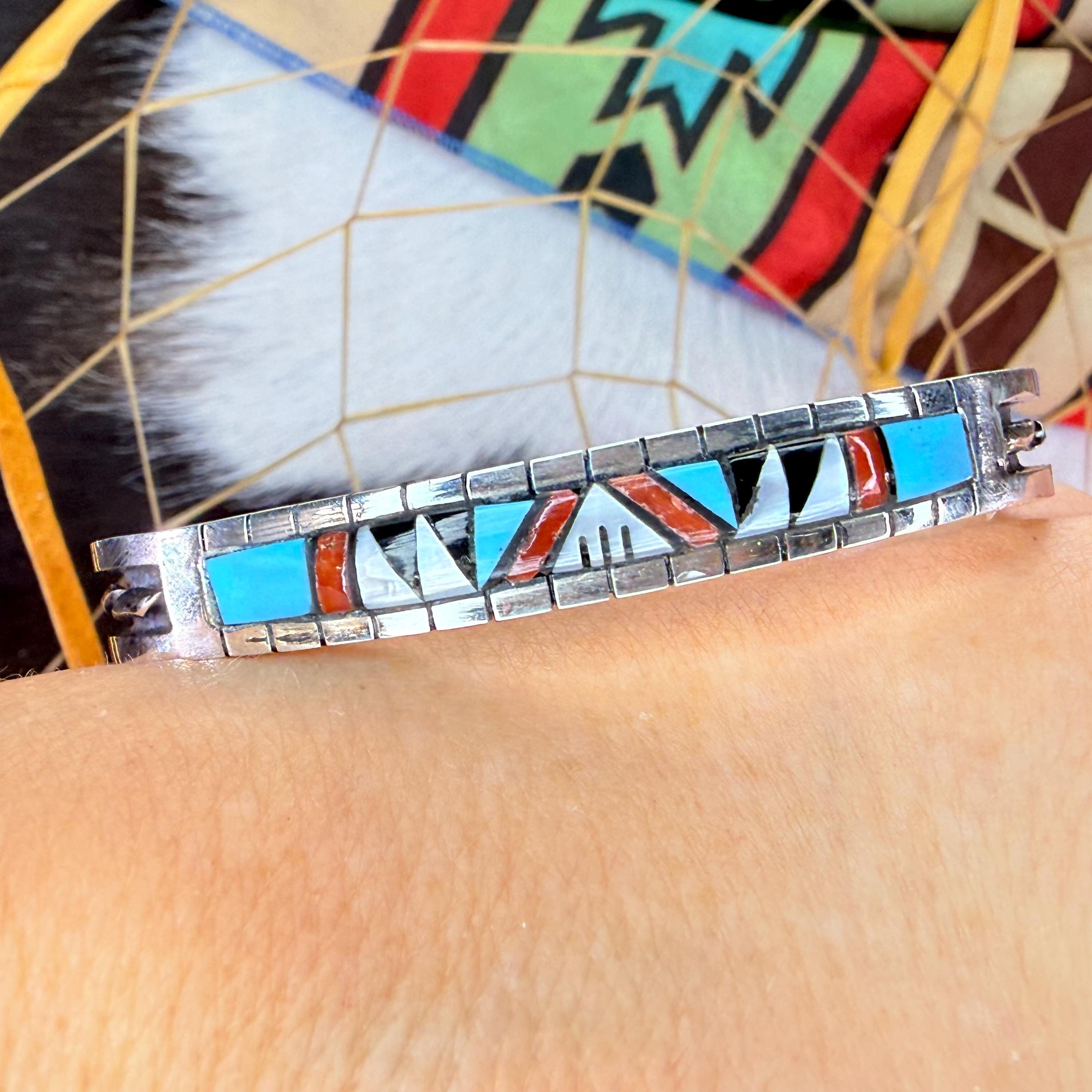 Handmade Zuni Turquoise Coral Inlay Bracelet Sterling Silver