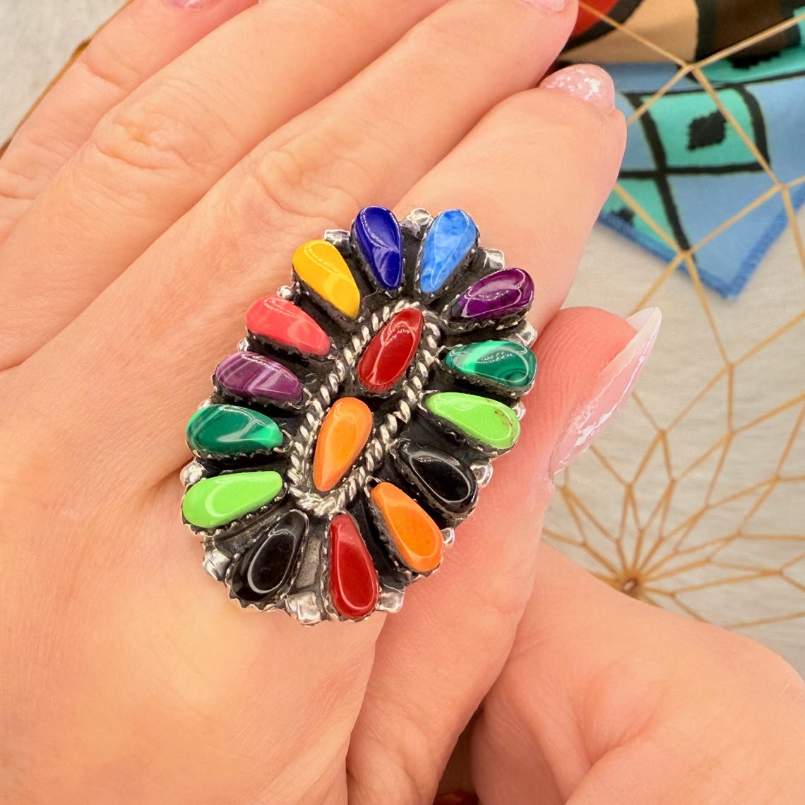 Handmade Navajo Lapis Coral Spiny Ring in Sterling Silver - Size 7.5 ...
