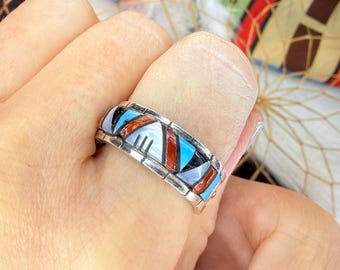 Handmade ZUNI Turquoise Multi Stone Band Ring Sterling Silver - Choose Size Native American Jewelry