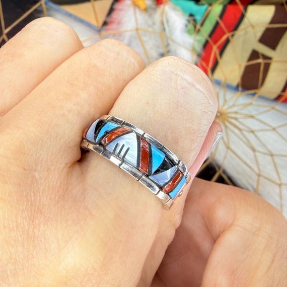 Handmade ZUNI Turquoise Multi Stone Band Ring Sterling Silver