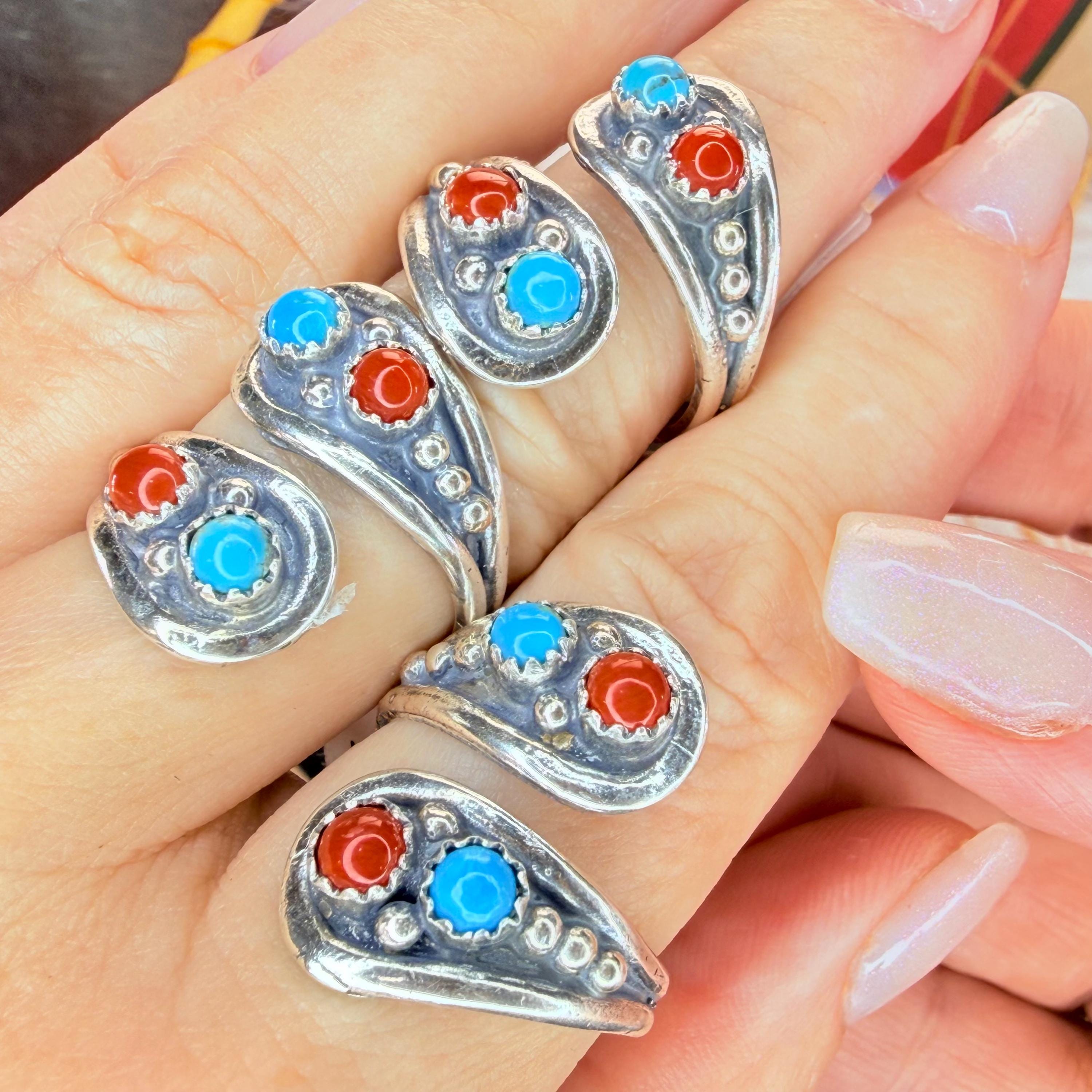 Miriam Chuyate Turquoise and Red Coral‎ Teardrop tribal Ring size 6 main image 2