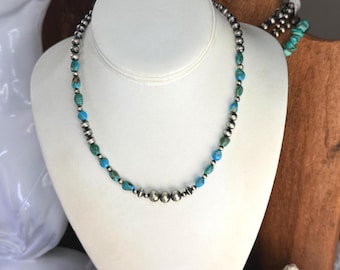 Cerrillos Kingman Turquoise Nugget Necklace 17.5” Length – Sterling Silver Pearls Hand-Strung NOT Native American
