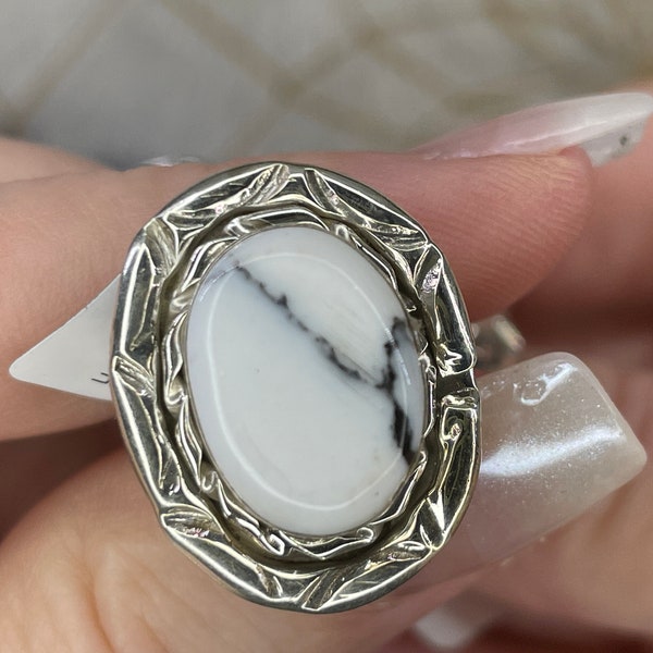1/2 Price! NAVAJO Native American White Buffalo and Sterling Silver Ring Size 7.5! Great Price Authentic White Buffalo Handmade Navajo Ring!