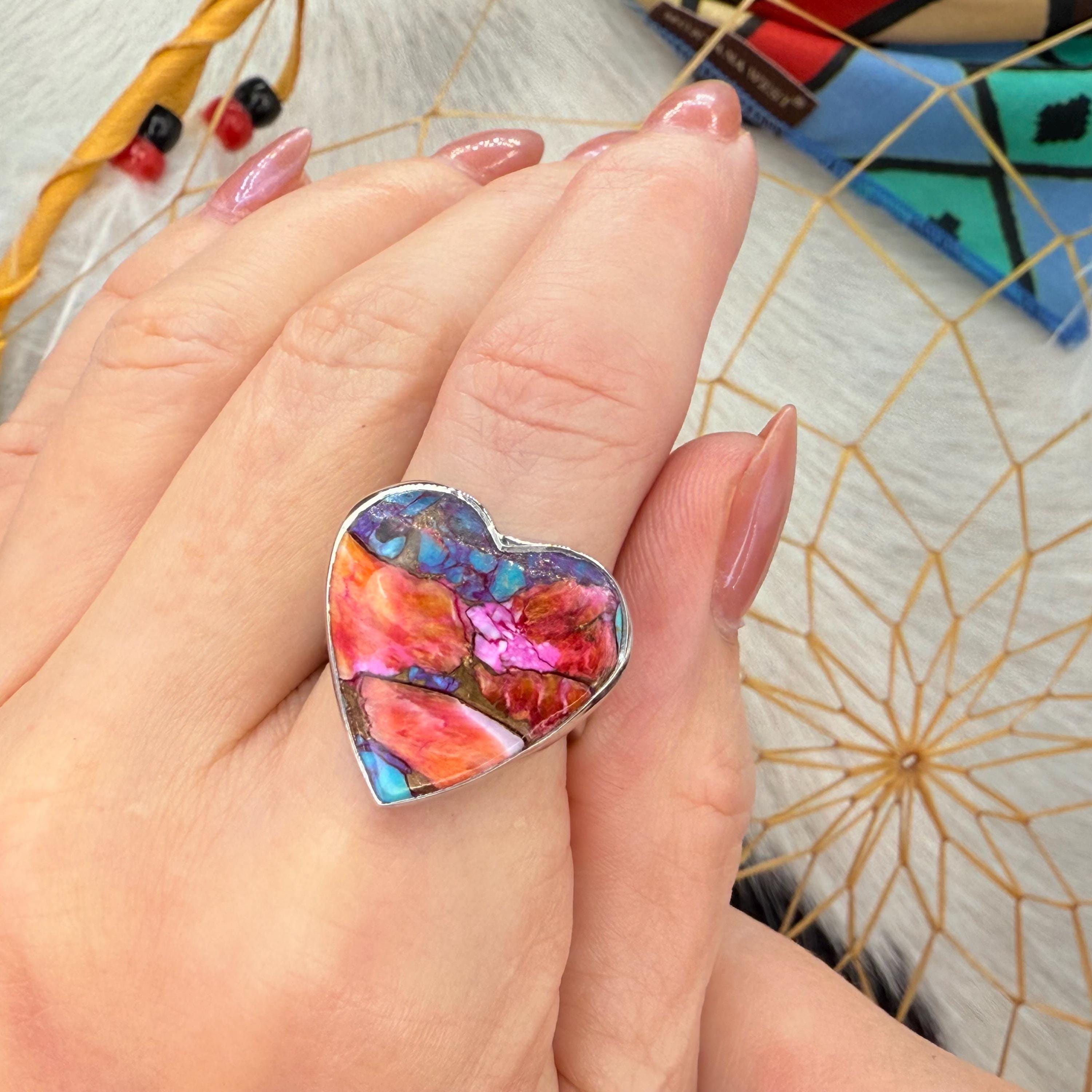 Handmade Pink Dahlia Turquoise Heart Ring in Sterling Silver -…