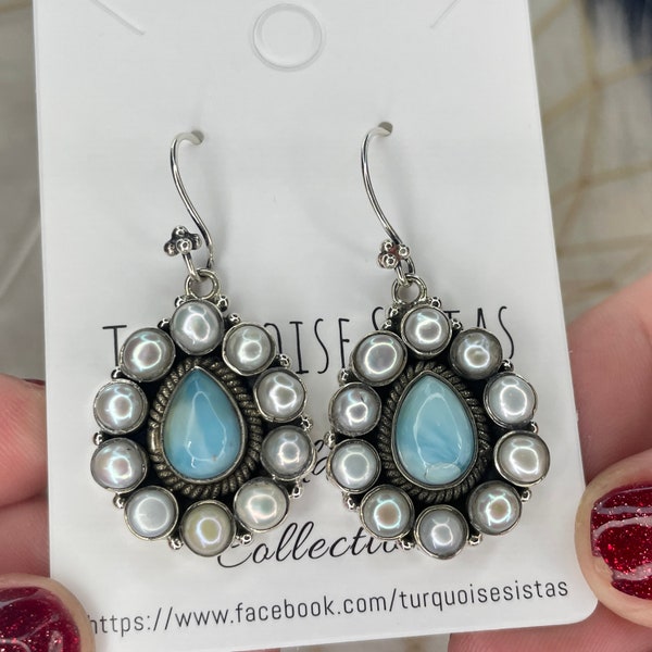 1/2 Price! LARIMAR and Pearl Sterling Silver Cluster Dangle Earrings! New Winddancer Collection Handmade One of a Kind NOT Native American