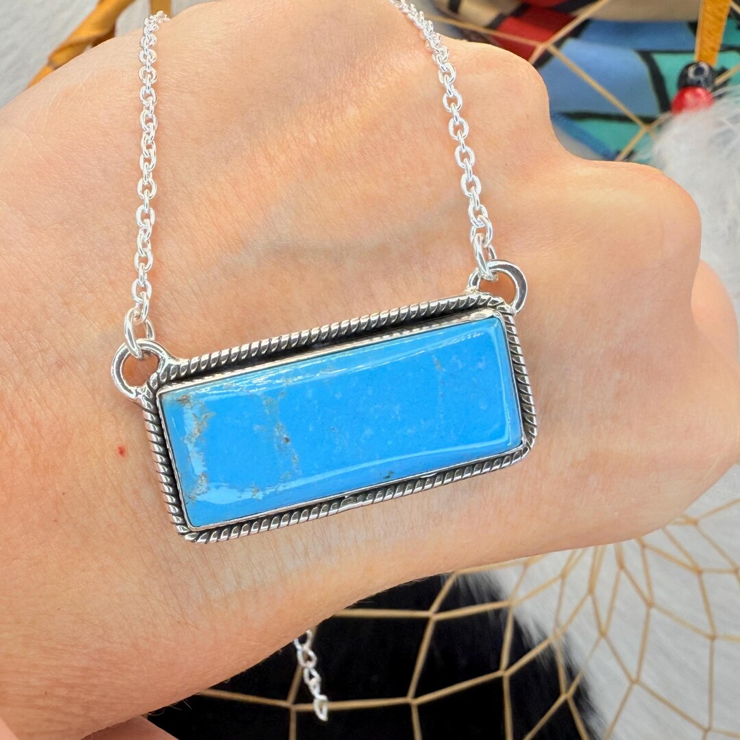 Handmade Kingman Turquoise Sterling Silver Bar Necklace - Minimalist ...