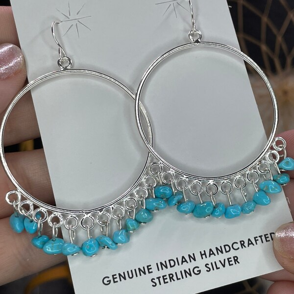 1/2 Price! Navajo Native American Kingman Turquoise Hoop Earrings Sterling Silver with 11 Dangling Nuggets of Turquoise!