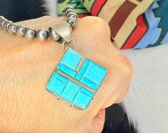 KINGMAN Turquoise Pendant in Sterling Silver: Cobblestone Inlay Handmade Navajo Native American