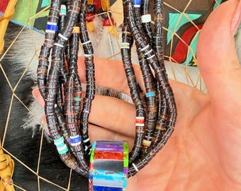 Rodney Coriz Kewa Native American Necklace | 7 Strand Pen Shell Heishi | Multi-Stone Inlaid Elk Bone