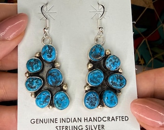 KINGMAN Turquoise Earrings in Sterling Silver - Natural Finish Navajo Handmade Native American Jewelry