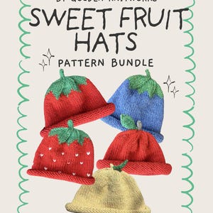 Obst Strickmütze Anleitungen Bundle | Zitrone, Apfel, Erdbeere, Blaubeere, Tomate Mütze Designs (Digital Download)