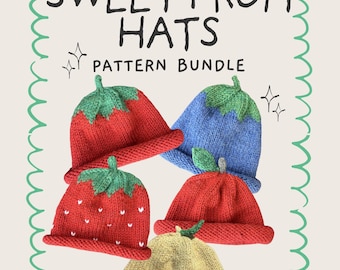 Fruit Knit Hat Patterns Bundle | Lemon, Apple, Strawberry, Blueberry, Tomato Beanie Designs (Digital Download)